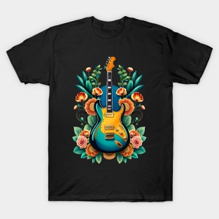 Electric guitar blue with flowers 6 T-Shirt